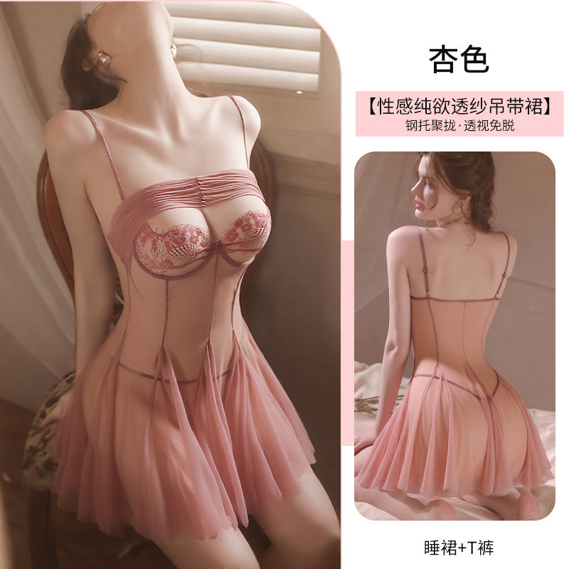 Sheer Mesh Deep-V Nightgown & Thong Set - product image 6