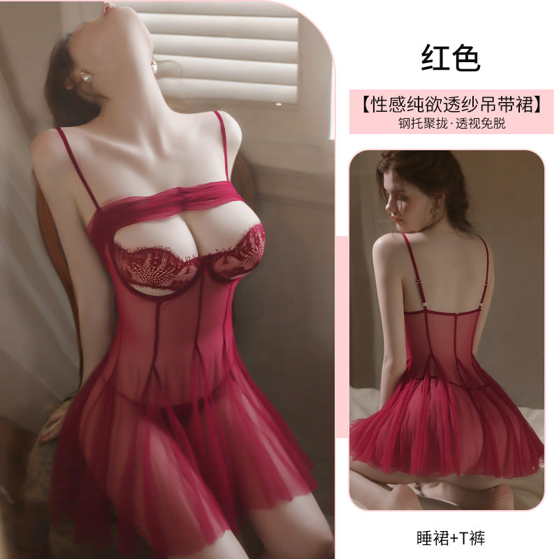 Sheer Mesh Deep-V Nightgown & Thong Set - product image 7